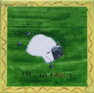 Schaf Theo.Theo ist ein verträumtes Schaf und vergißt oft die Zeit.
Ein Bild für Kinder auf Leinwand handgemalt.