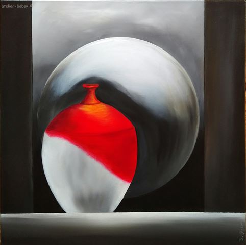 Vase rot-grau. Stilvolles Gemälde. Modern und zeitlos.