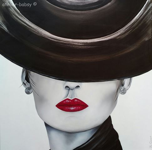 Lady in black. Gemälde in Acryl auf Leinwand. In schwarz-weiß mit rotem Mund. Zauberhaft und geheimnisvoll. Wer ist Sie?