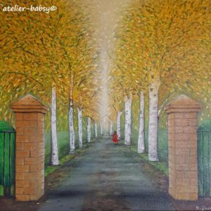 Herbstallee. Das Tor zur Birkenallee läd zu einem herbstlichen Spatziergang ein. Harmonische Farben von gelb bis braun, geben diesem Bild Harmonie und Ruhe. Handgemalt