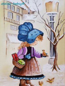 No.3 Serie-Glücksmomente. Eine Winterlandschaft gemalt auf Leinwand. Mädchen hält das "kleine" Glück in den Händen.