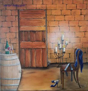 Die Weinprobe. Alter Weinkeller mit Weinfass. Weinflasche und zwei Gläser.
Stuhl ,Kerzenständer und eine alte Holztüre. Ein Keller voller Genuß und Geheimnissen.
 Gemalt mit Acrylfarben auf Leinwand
