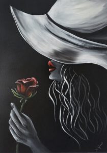 La rose. Die Rose- Inbegriff von Eleganz und Schönheit. Dame mit Rose in der Hand. Gemalt auf Leinwand.