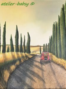 Coming home. Ein Auto auf einer südländischen Allee. Gemalt in Acrylfarben. Das Heimkommenist für mich wunderbar. Dort zu sein wo ich mich wohl fühle und einfach nur SEIN darf.