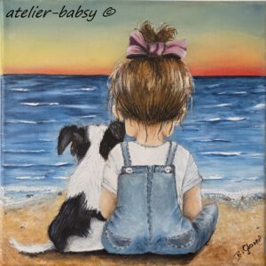 41C° Es war so heiß als ich dieses Bild malte und ich sehnte mich , wie dieses kleine Mädchen, ans Meer. Mädchen mit Hund am Strand bei Sonnenuntergang. Gemalt mit Acrylfarben auf Leinwand