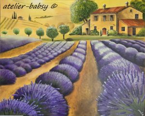 Der Duft nach Lavendel. Eine gemalte Erinnerung an den Sommer. Ruhige Stimmung mit Lavendelfelder und einem Hofgut.